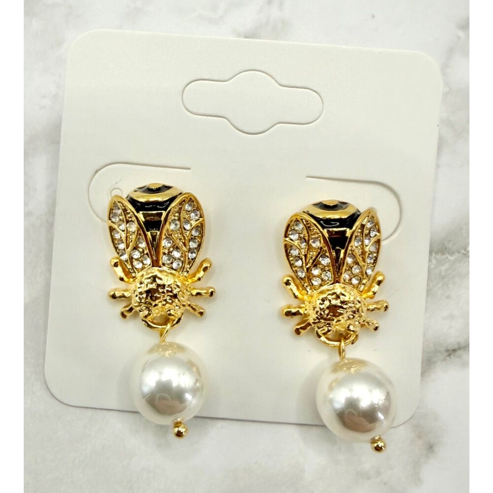 18K Gold Plated Pearl Bumble Bee Stud Earrings Rhinestone Enamel Silver Post NEW - Picture 5 of 5